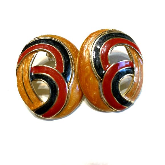 Vintage Enamel Fall Earrings 80's Fashion Pierced Orange Red Green Thanksgiving - Picture 2 of 6